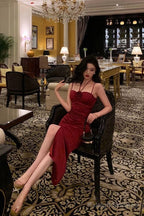 Sheath Halter Red Ankle Length Slit Prom Dress Birthday Dresses