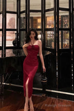 Sheath Halter Red Ankle Length Slit Prom Dress Birthday Dresses
