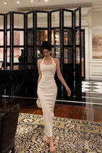 Sheath Halter Sleeveless White Tea Length Prom Dress Birthday Outfits