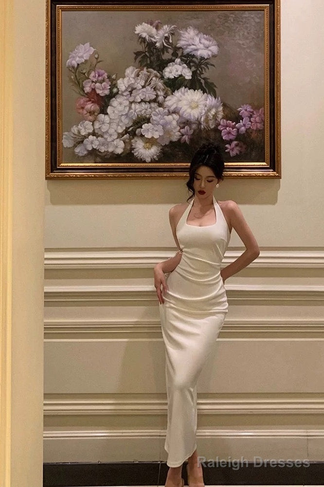 Sheath Halter Sleeveless White Tea Length Prom Dress Birthday Outfits
