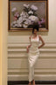Sheath Halter Sleeveless White Tea Length Prom Dress Birthday Outfits