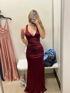 Sheath Halter V Neckline Burgundy Satin Slit Prom Dresses Long Prom Dress