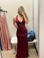 Sheath Halter V Neckline Burgundy Satin Slit Prom Dresses Long Prom Dress