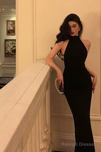 Sheath High Neckline Backless Black Prom Dress Birthday Outfits