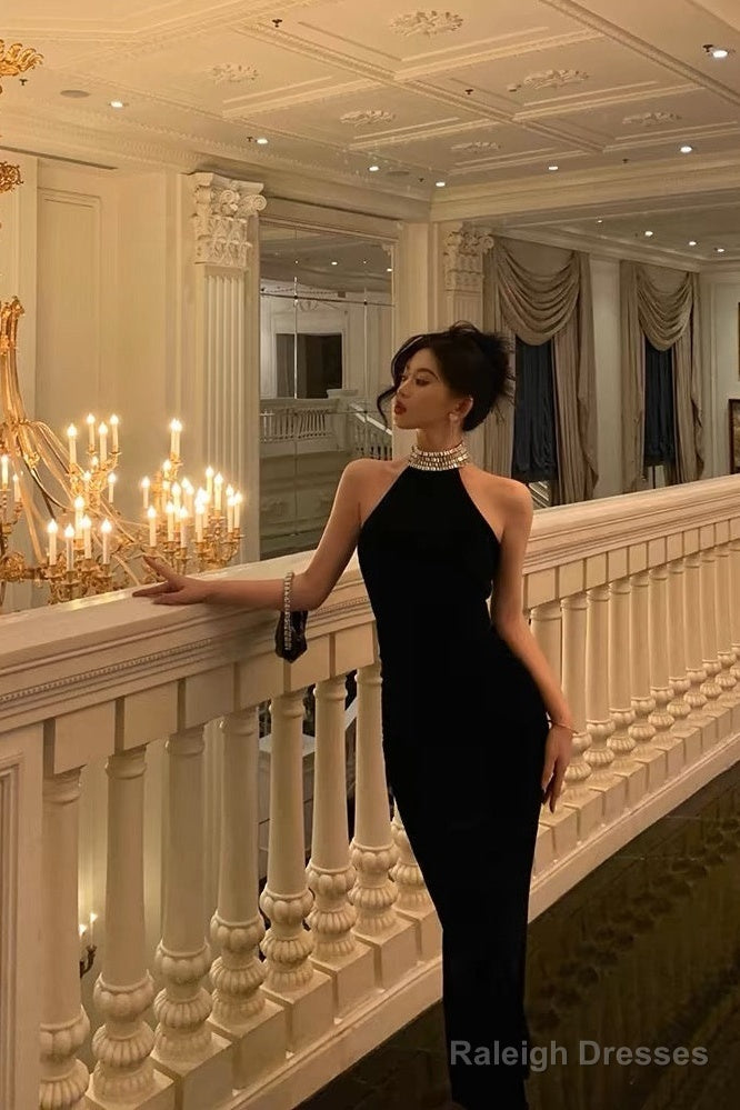Sheath High Neckline Black Beads Ankle Length Prom Dress Birthday Dresses