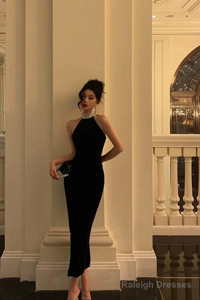Sheath High Neckline Black Beads Ankle Length Prom Dress Birthday Dresses