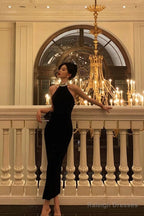 Sheath High Neckline Black Beads Ankle Length Prom Dress Birthday Dresses
