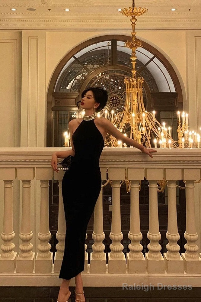 Sexy Sheath High Neckline Black Beads Ankle Length Prom Dresses Birthday Dress Main image