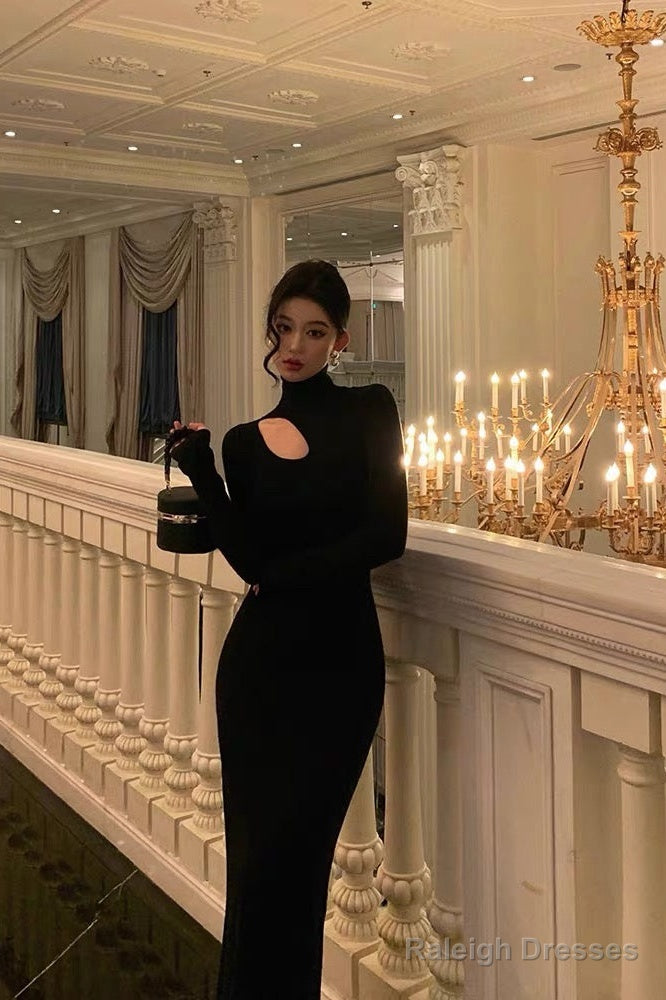 Sheath High Neckline Black Long Sleeves Prom Dress Birthday Outfits