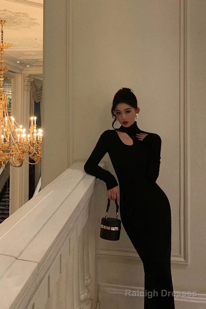 Sheath High Neckline Black Long Sleeves Prom Dress Birthday Outfits