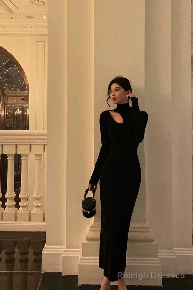 Sheath High Neckline Black Long Sleeves Prom Dress Birthday Outfits
