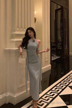 Sexy Sheath High Neckline Dusty Blue Satin Flowers Long Prom Dresses Evening Dress