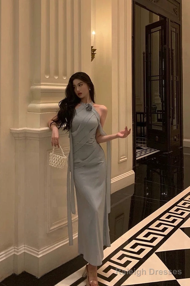 Sexy Sheath High Neckline Dusty Blue Satin Flowers Long Prom Dresses Evening Dress