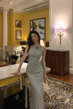 Sexy Sheath High Neckline Dusty Blue Satin Flowers Long Prom Dresses Evening Dress