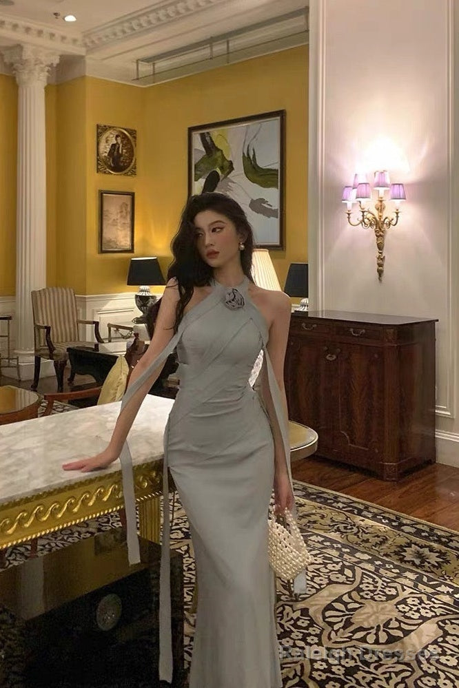 Sexy Sheath High Neckline Dusty Blue Satin Flowers Long Prom Dresses Evening Dress