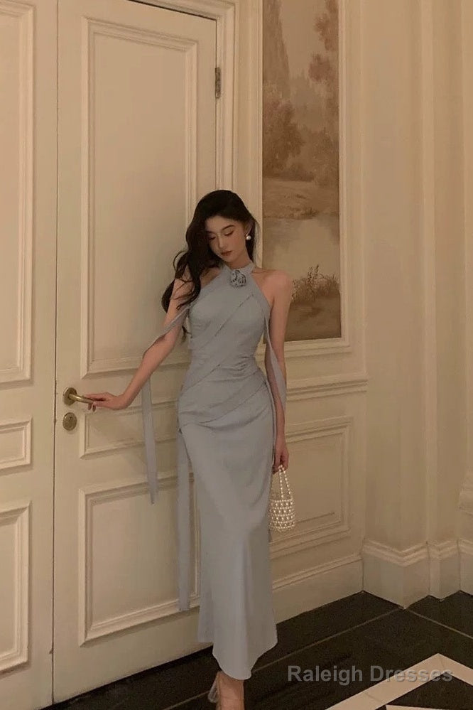 Sexy Sheath High Neckline Dusty Blue Satin Flowers Long Prom Dresses Evening Dress