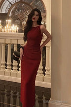 Sexy Sheath Jewel Neckline Red Long Prom Dresses Birthday Outfits Evening Gown