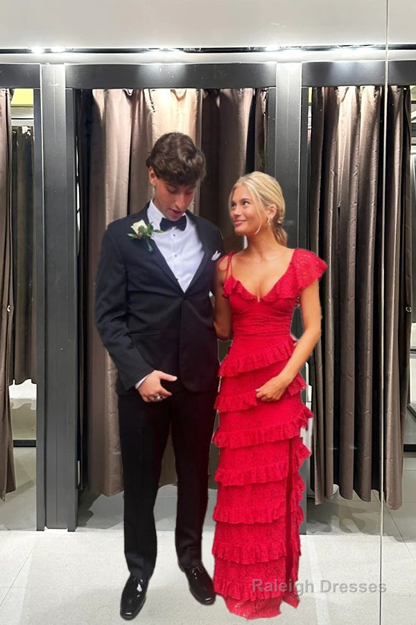 Sexy Sheath Lace Red Prom Dress Ruffles Prom Dresses Secondary image