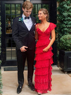 Sheath Lace Red Prom Dresses Ruffles Prom Dress