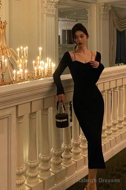 Sheath Long Sleeves Black Prom Dress Birthday Outfits