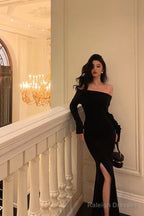 Sheath Off The Shoulder Black Slit Long Sleeves Prom Dress Birthday Outfits