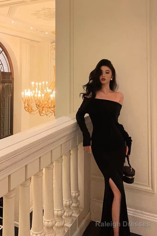 Sheath Off The Shoulder Black Slit Long Sleeves Prom Dress Birthday Outfits