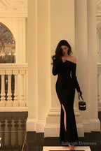 Sheath Off The Shoulder Black Slit Long Sleeves Prom Dress Birthday Outfits