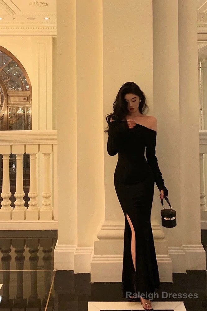 Sheath Off The Shoulder Black Slit Long Sleeves Prom Dress Birthday Outfits