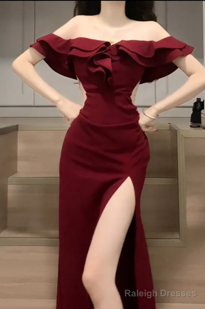 Sexy Sheath Off The Shoulder Burgundy Slit Holiday Prom Dresses Night Dress Birthday Outfits Secondary image