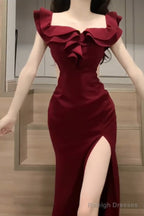 Sexy Sheath Off The Shoulder Burgundy Slit Holiday Prom Dresses Night Dress Birthday Outfits