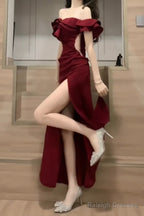 Sexy Sheath Off The Shoulder Burgundy Slit Holiday Prom Dresses Night Dress Birthday Outfits