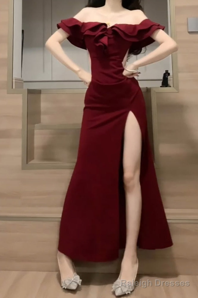 Sexy Sheath Off The Shoulder Burgundy Slit Holiday Prom Dresses Night Dress Birthday Outfits Main image