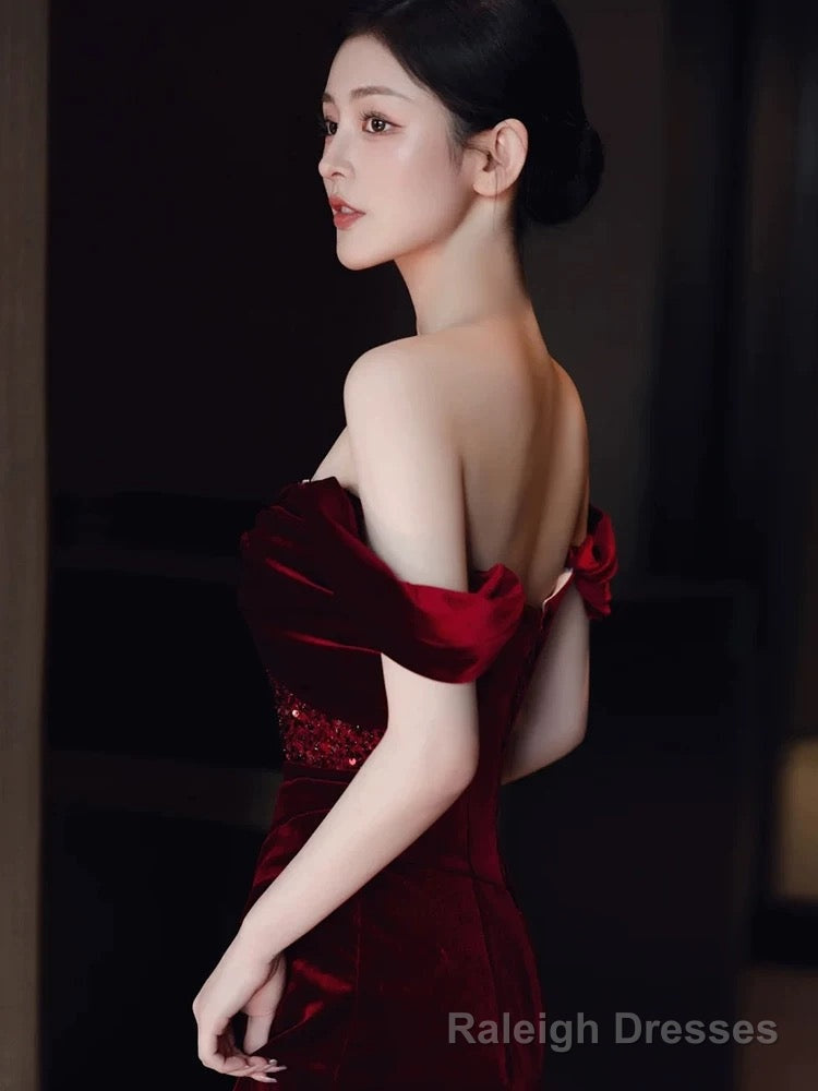 Sexy Sheath Off The Shoulder Burgundy Velvet Floor Length Evening Dress Prom Dresses