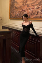 Sexy Sheath Off The Shoulder Long Sleeves Black Tea Length Prom Dresses Birthday Outfits