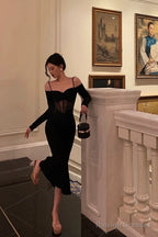 Sexy Sheath Off The Shoulder Long Sleeves Black Tea Length Prom Dresses Birthday Outfits