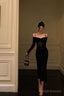 Sexy Sheath Off The Shoulder Long Sleeves Black Tea Length Prom Dresses Birthday Outfits