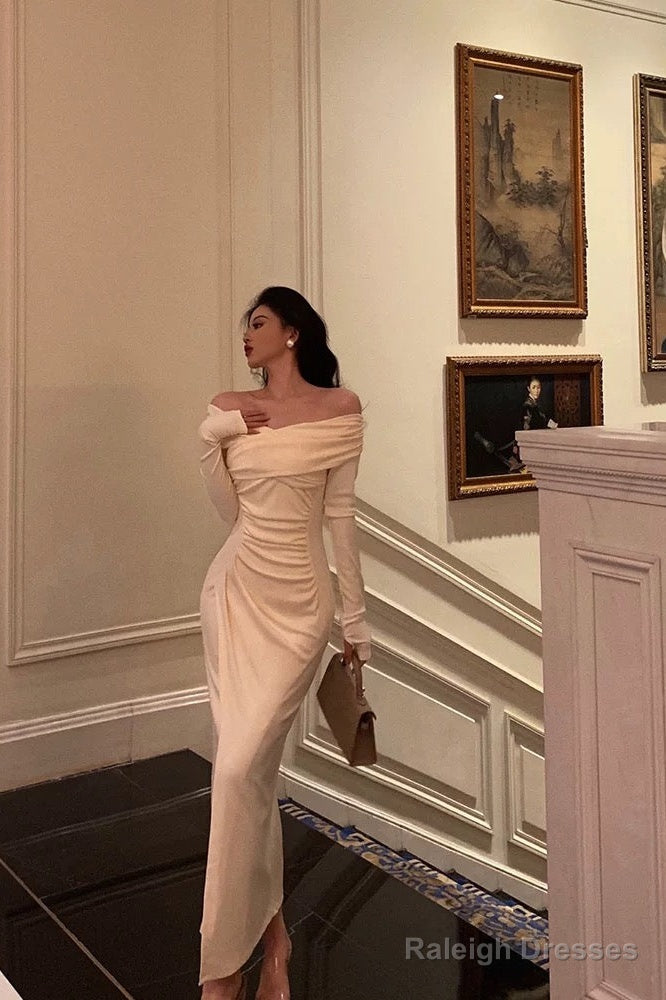 Sexy Sheath Off The Shoulder Long Sleeves White Slit Prom Dresses Birthday Outfits