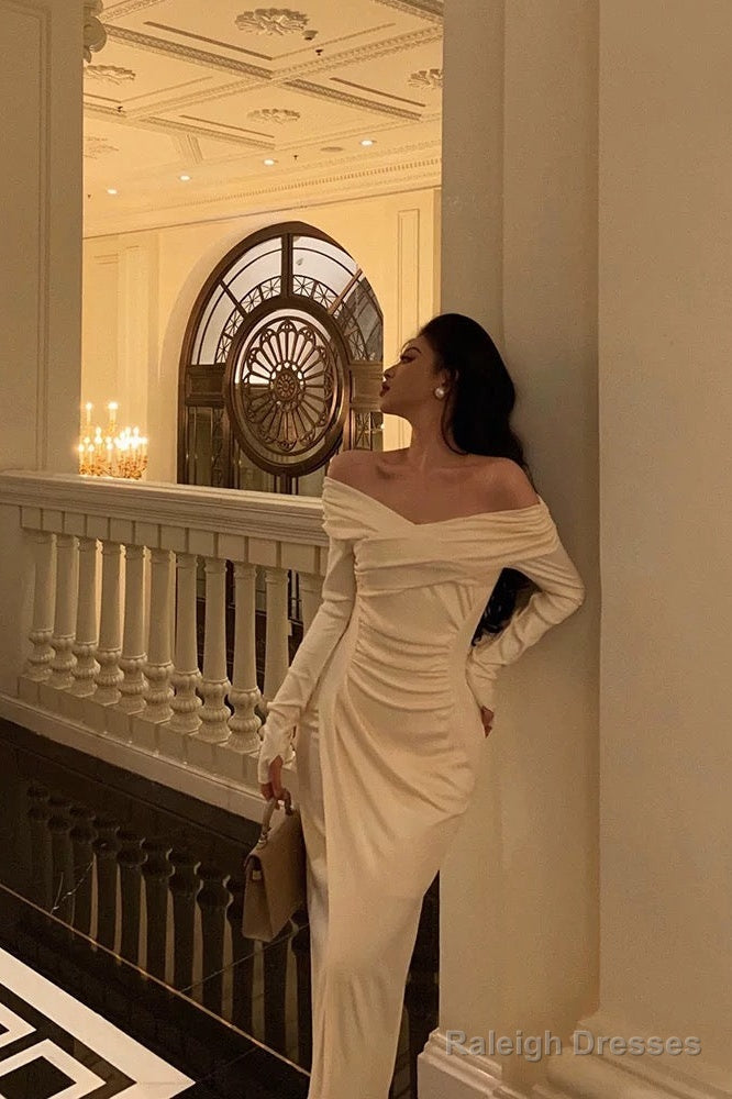 Sexy Sheath Off The Shoulder Long Sleeves White Slit Prom Dresses Birthday Outfits