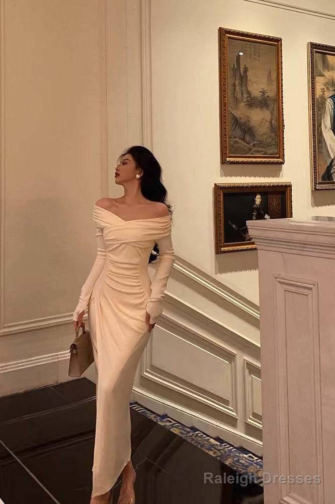 Sexy Sheath Off The Shoulder Long Sleeves White Slit Prom Dresses Birthday Outfits