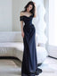 Sexy Sheath Off The Shoulder Navy Blue Satin Floor Length Evening Dress Prom Dresses