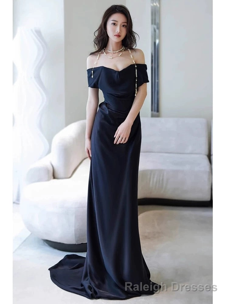 Sexy Sheath Off The Shoulder Navy Blue Satin Floor Length Evening Dress Prom Dresses Main image
