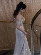 Sexy Sheath Off The Shoulder Sequin Slit Floor Length Evening Dress Prom Dresses