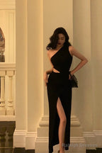 Sexy Sheath One Shoulder Black Slit Long Prom Dresses Evening Dress