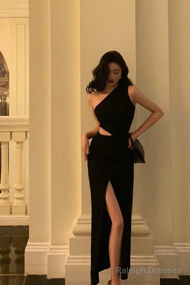 Sexy Sheath One Shoulder Black Slit Long Prom Dresses Evening Dress