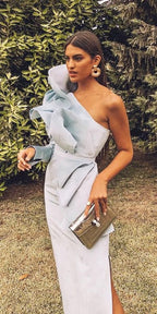 Sheath One Shoulder Light Sky Blue Long Prom Dress