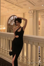 Sexy Sheath One Shoulder Straps Black Slit Long Prom Dresses Birthday Outfits