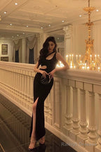 Sexy Sheath One Shoulder Straps Black Slit Long Prom Dresses Birthday Outfits
