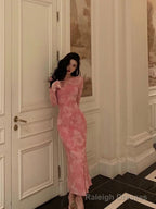 Sexy Sheath Pink Floral Long Sleeves Prom Dresses Birthday Outfits