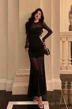 Sexy Sheath Scoop Long Sleeves Black Prom Dresses Birthday Outfits Evening Gown