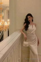 Sexy Sheath Scoop Neckline White Ankle Length Prom Dresses Birthday Dress